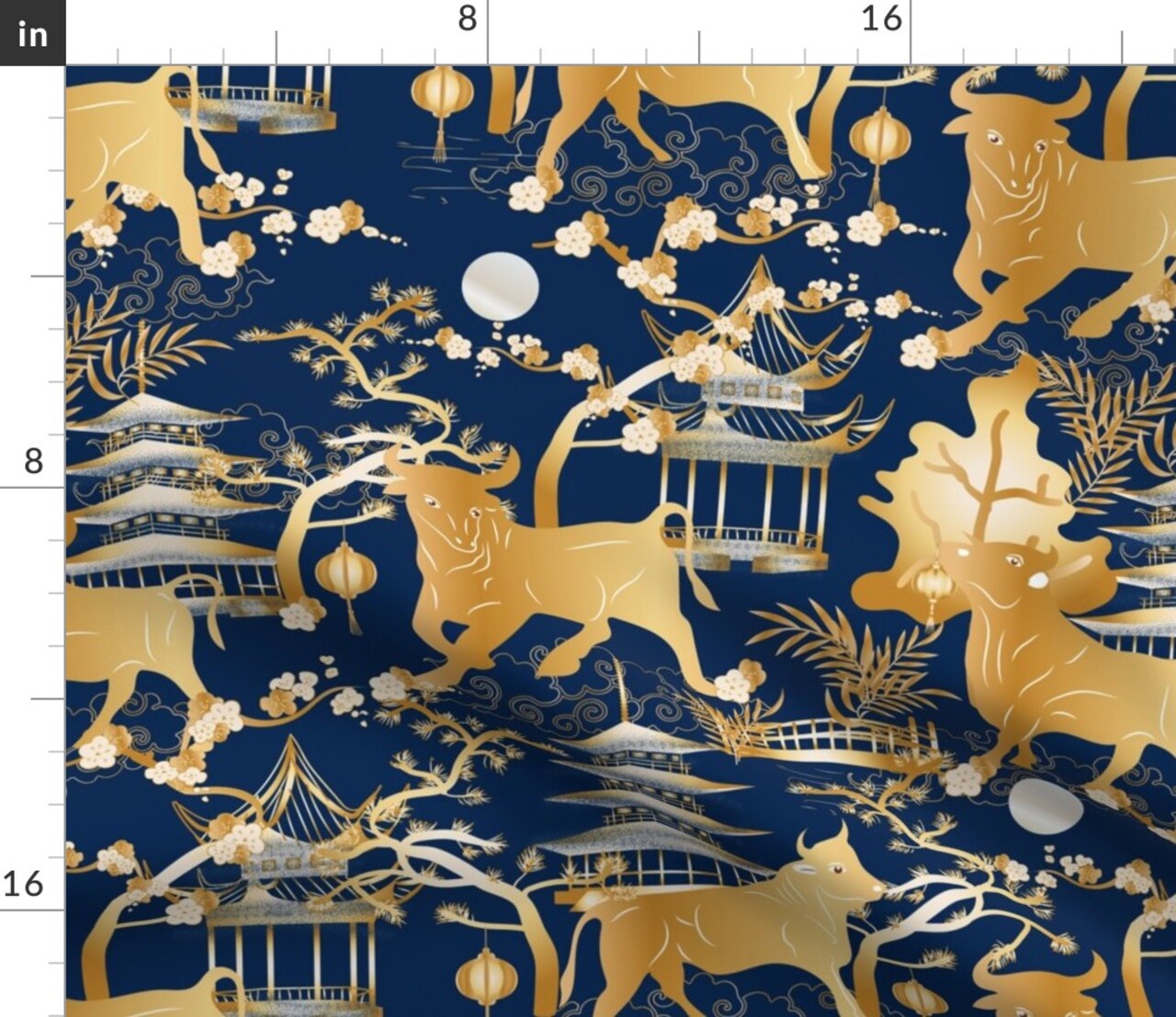 Year Toile Chinoiserie Lunar Japanese Pagoda Gold Blue Chinese Spring Landscape Custom Printed Fabric by Spoonflower Various Fabrics by the Yard or Fat Quarter